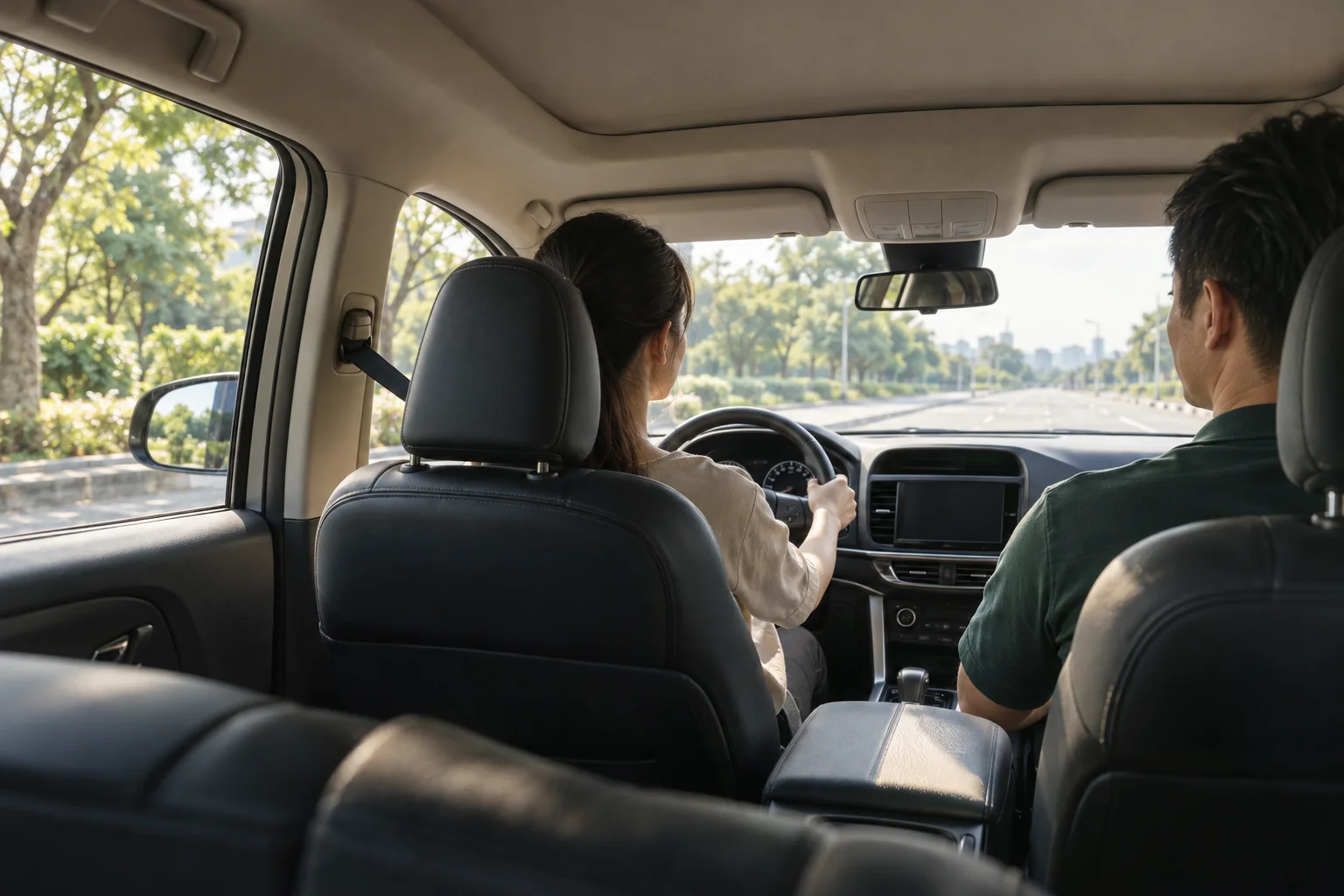 一對一道路陪練的 AI 情境示意，學員駕駛、教練於副駕陪同