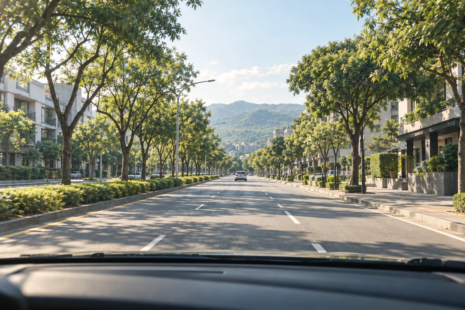從車內觀察城市道路與車道的 AI 情境示意