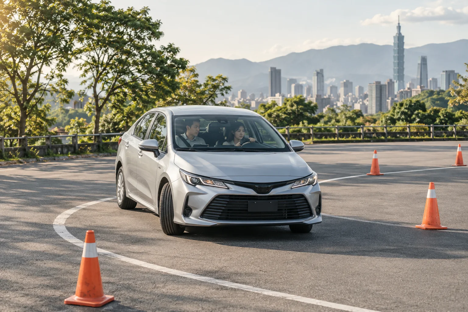 汽車沿交通錐練習轉彎的 AI 情境示意